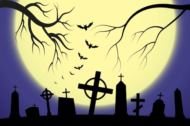 Sfondo del cimitero spaventoso di halloween con alberi, croci e pipistrelli halloween silhouette di una lapide etichette stampate e decorazioni per modello di artigianato d'ufficio illustrazione vettoriale