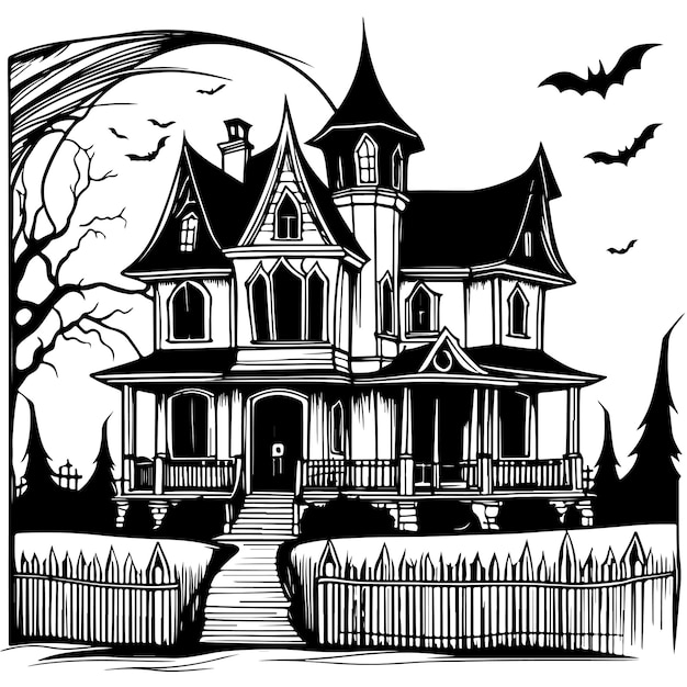 Halloween scary house sketch with tree and bats hand drawn sketch vector background illustration for