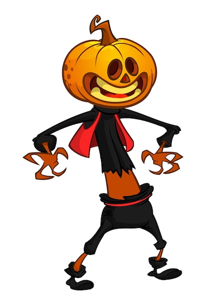 Halloween scary orange yellow cartoon pumpkin scarecrow Vector illustration