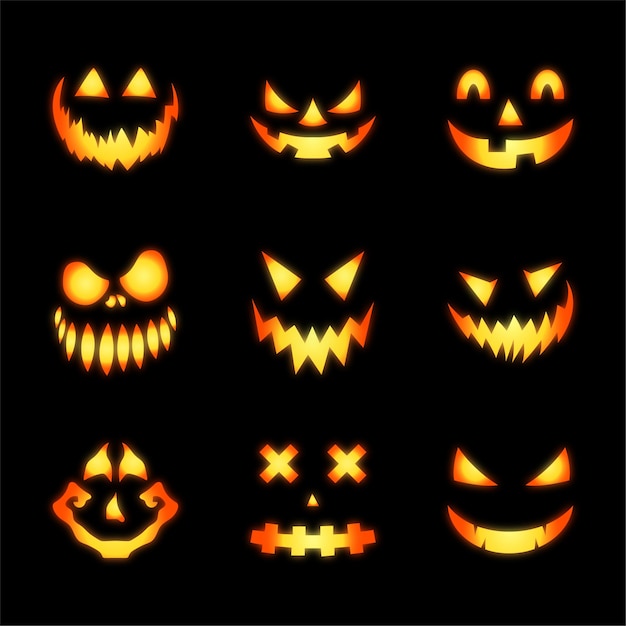 Set di facce luminose di zucca spaventosa di halloween