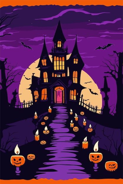 Halloween scary pumpkins castle vector illustration sticker poster