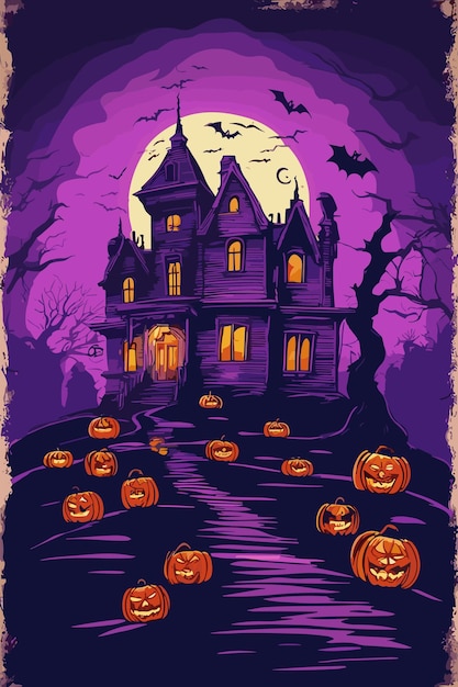 Halloween scary pumpkins castle vector illustration sticker poster