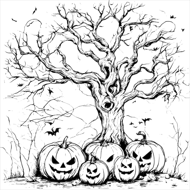 Vector halloween scary tree vector with halloween pumpkin sketch isolated on white background halloween tree in vintage style and pumpkin vector illustration