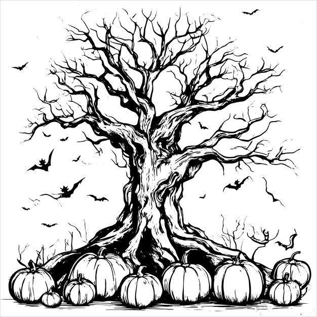 Vettore di albero spaventoso di halloween con schizzo di zucca di halloween isolato su sfondo bianco albero di halloween in stile vintage e illustrazione vettoriale di zucca