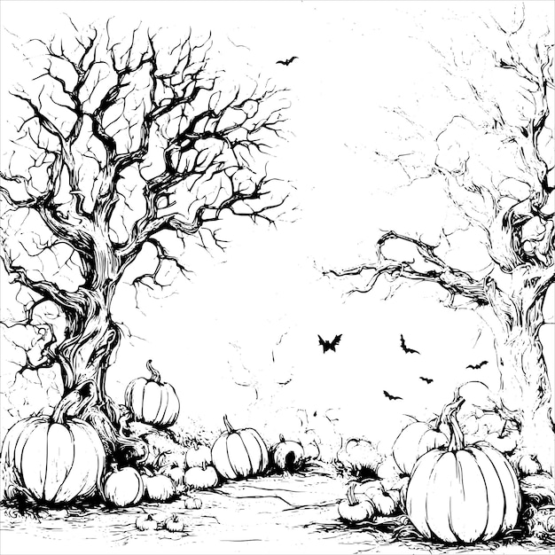 Vector halloween scary tree vector with halloween pumpkin sketch isolated on white background halloween tree in vintage style and pumpkin vector illustration