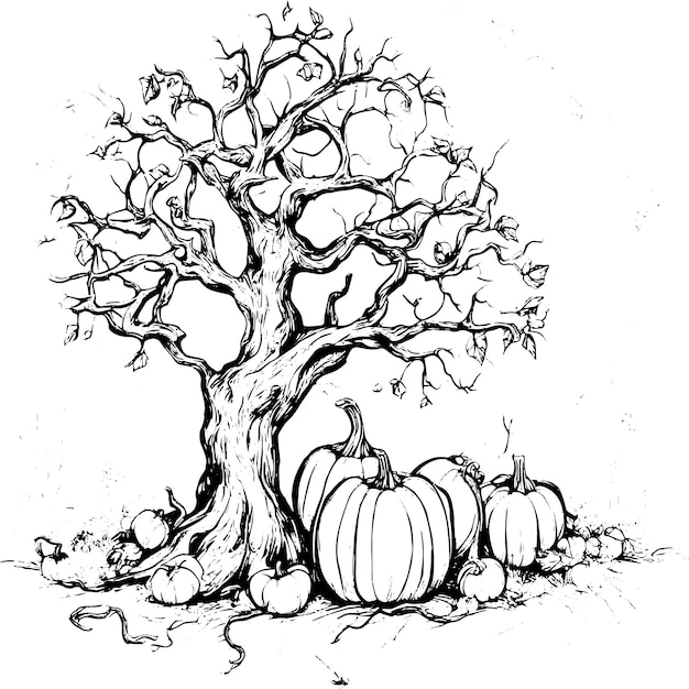 Halloween scary tree vector with halloween pumpkin sketch isolated on white background Halloween tree in vintage style and pumpkin vector illustration