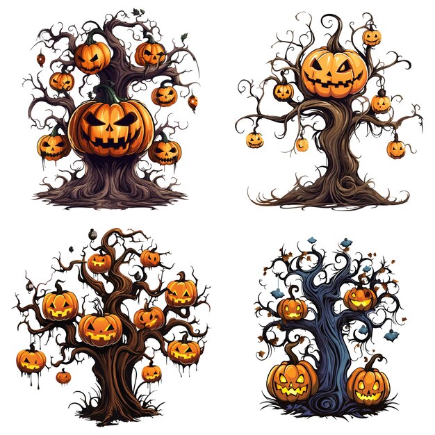 Halloween scary tree vector with halloween pumpkin Vintage style halloween tree and pumpkin vector illustration