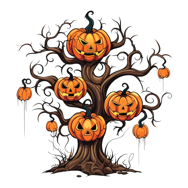 Хэллоуин страшный вектор дерева с тыквой на Хэллоуин Винтажный стиль Хэллоуин дерево и векторная иллюстрация тыквы