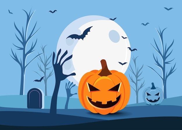 Halloween scary vector background Spooky graveyard at night illustration