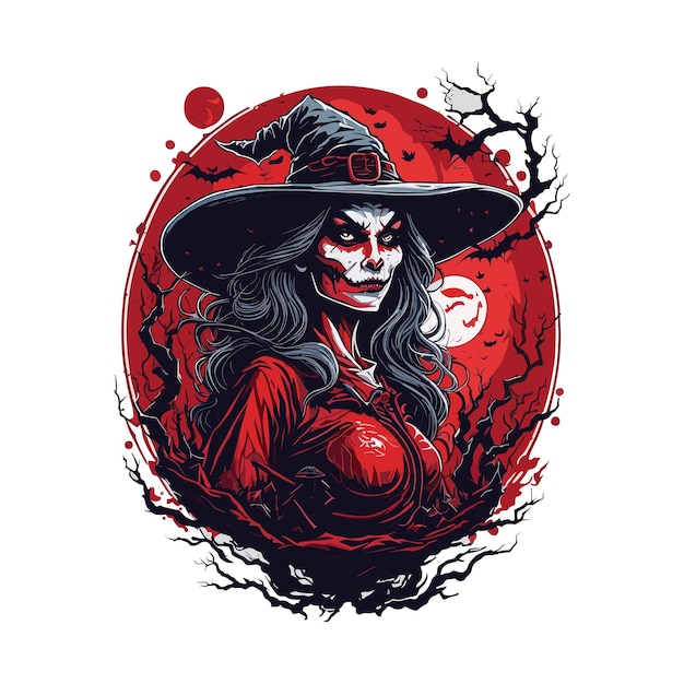 Halloween scary witch full red moon vector illustration for tshirt design sticker