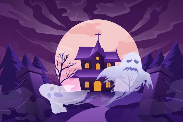 Vector halloween scene flat design illustration