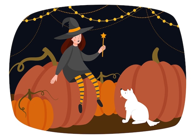 Vettore scena di halloween. una ragazza vestita da strega si siede su una grande zucca e gioca con il cane.