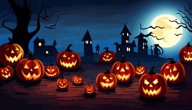 Halloween scene horror background with creepy pumpkins halloween haunted night with full moon vector