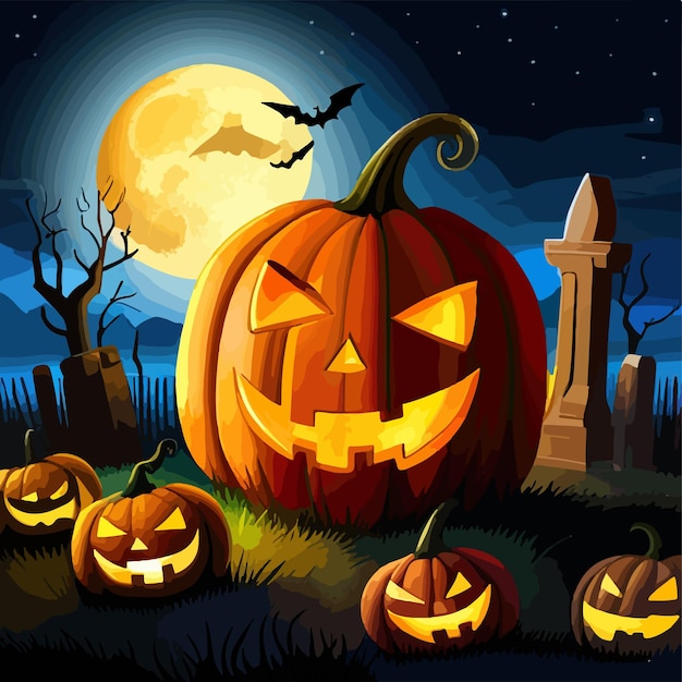 Halloween scene horror background with creepy pumpkins of spooky halloween haunted graves with