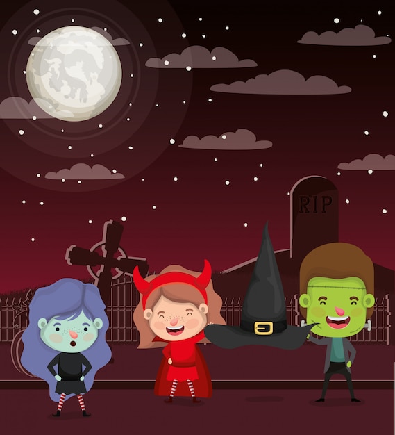Halloween-scène met kinderen op het kerkhof