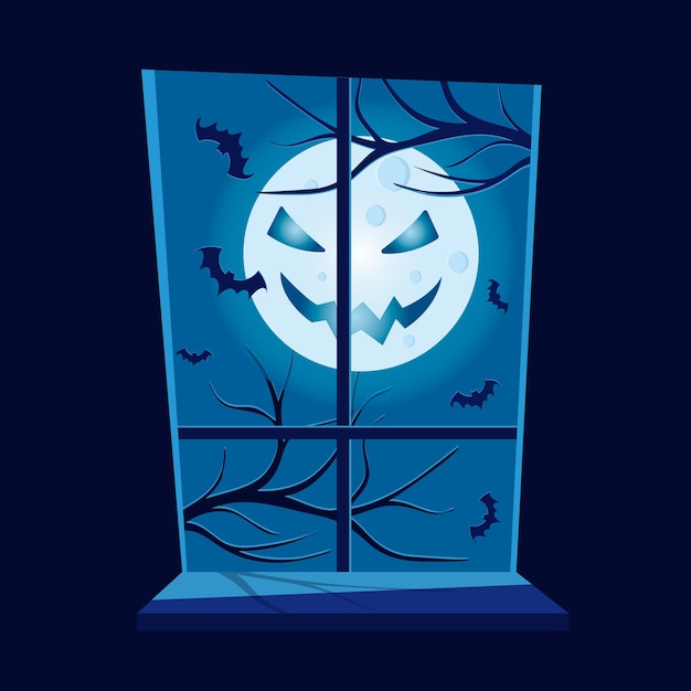 Vector halloween-scène uitzicht vanuit het raam enge maan vectorillustratie