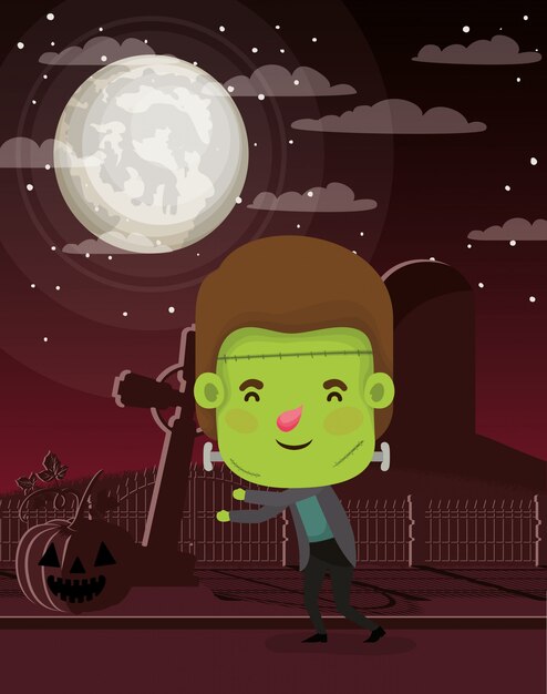 Halloween scene with boy costume frankenstein