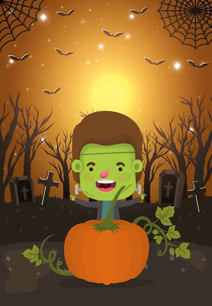 Halloween scene with boy costume frankenstein