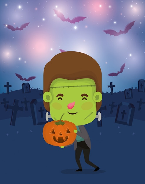 Vettore scena di halloween con ragazzo costume frankenstein