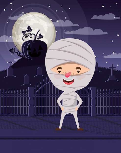 Vector halloween scene with boy costume mummy