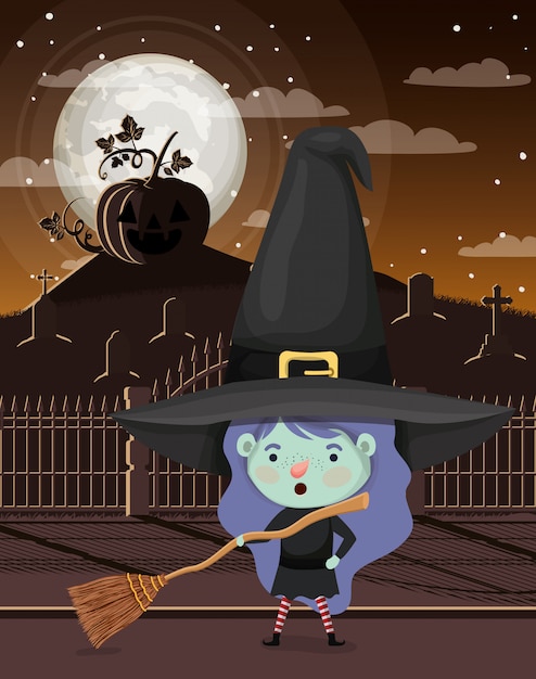 Halloween scene with girl costume witch