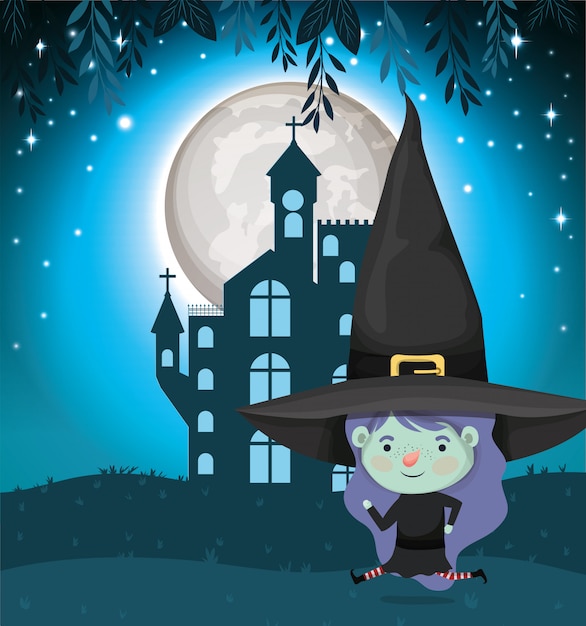 Halloween scene with girl costume witch