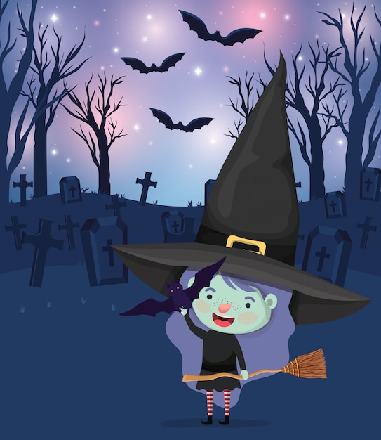 Halloween scene with girl costume witch