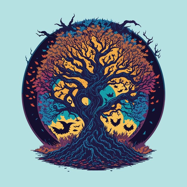 Vector a halloween scene with halloween tree circle illustration