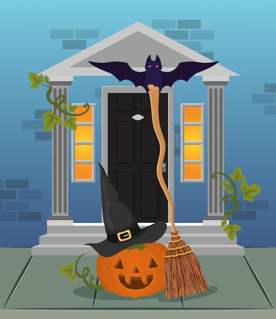 Halloween scene with house door and pumpkin