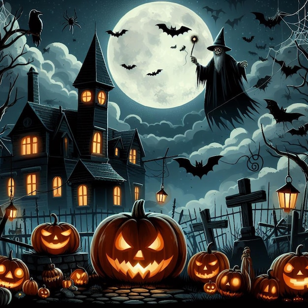 Vector a halloween scene with pumpkins and a full moon in the background