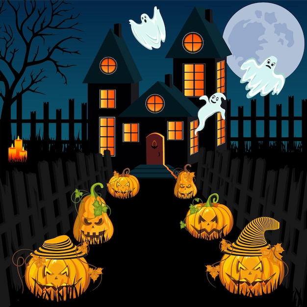 Vector a halloween scene with pumpkins and a house in the background