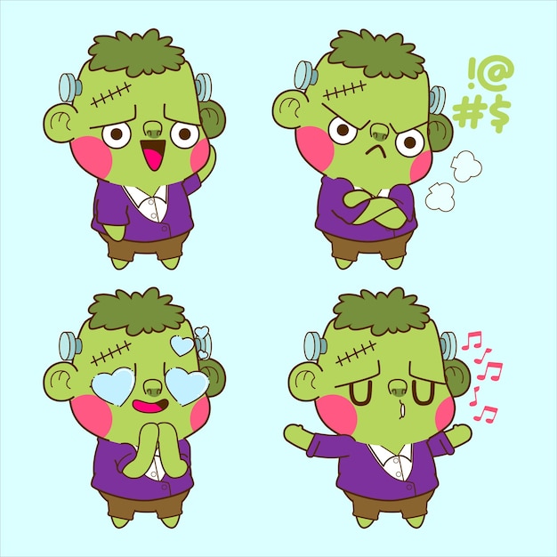 Halloween schattig frankenstein sticker set frankenstein vectorillustratie