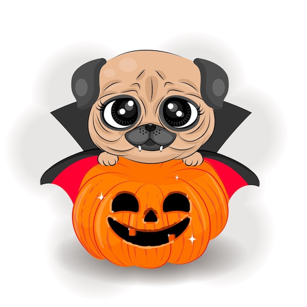 Halloween schattige pug met een pompoen textiel print vectorillustratie van tshirt verpakking