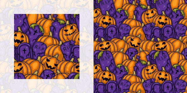 Halloween seamless doodle pattern of pumpkins in the cemetery