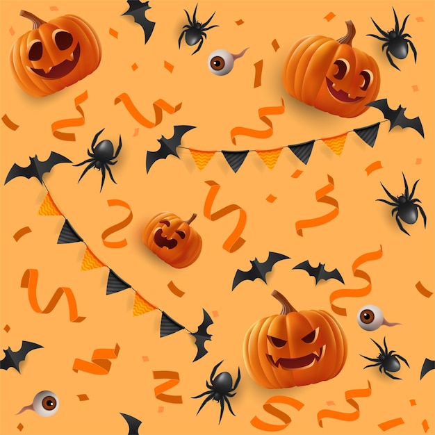 Halloween seamless orange vector pattern Featuring cute pumpkins spiders bats and confetti