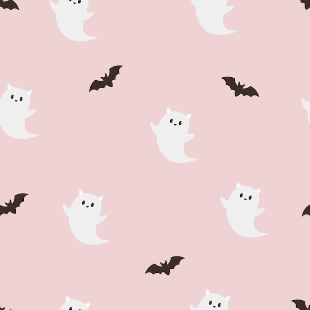 Halloween seamless paper with funny cat ghosts and bats