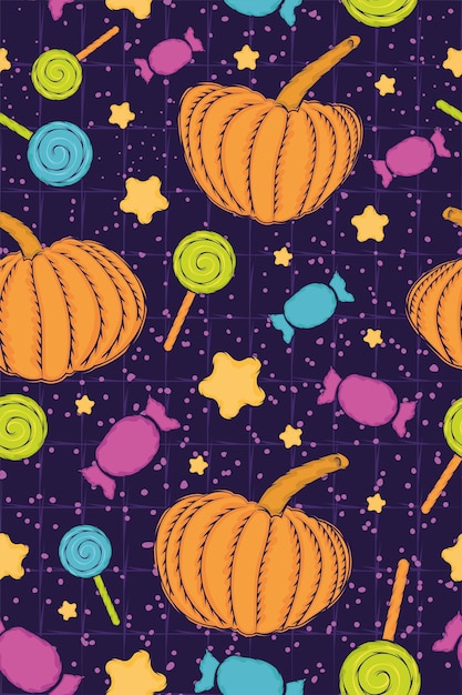 Halloween seamless pattern background with candies and pumpkins Vector