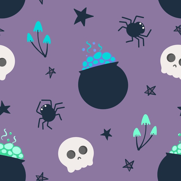 Halloween seamless pattern backgroundbackground with skulls spiders bones cobwebsvector illustration for design fabric or wrapping paper