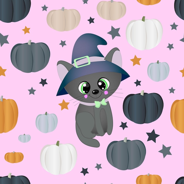 Halloween seamless pattern black background different color pumpkins and a cute cat in a hat