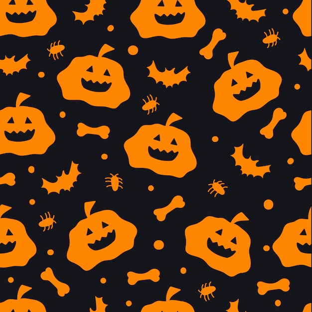 Halloween seamless pattern Black background with pumpkins bats spiders Halloween background