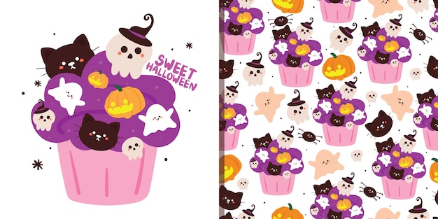 Halloween seamless pattern and card with cartoon cupcake and halloween element