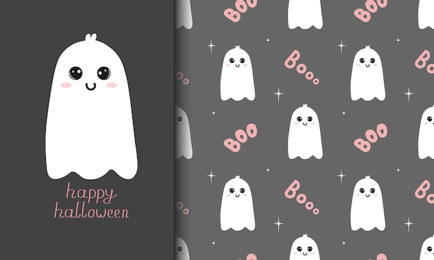 Halloween seamless pattern and cartoon card for kid with cute ghost on grey background Baby background for tshirt print packaging wrapping paper etc Happy Halloween