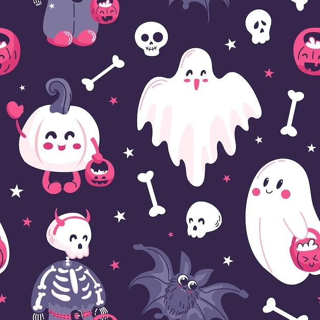 Halloween seamless pattern Cute cartoon characters in purple colors Baby skeleton pumpkin ghosts begging for sweets For wallpaper printing on fabric wrapping background