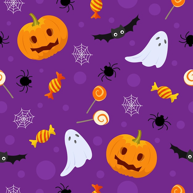 Halloween seamless pattern in flat cartoon style. Pumpkins, bats and gousts. Vector illustration