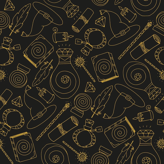 Halloween seamless pattern golden outline on a black background magic pattern