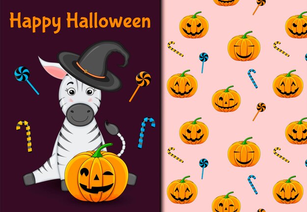 Halloween seamless pattern and holiday card Cartoon style Vector illustration