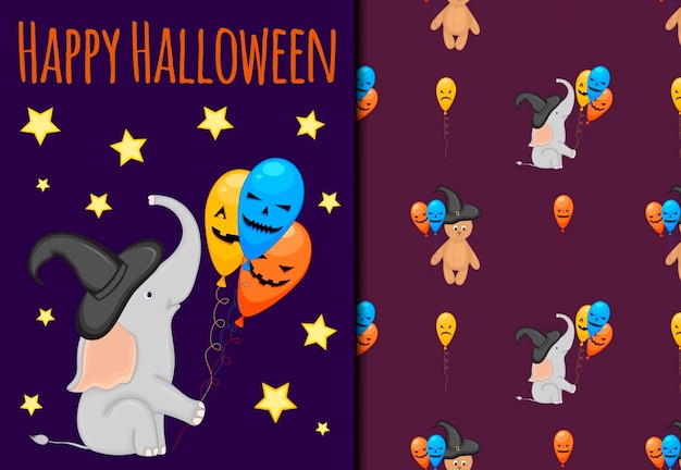 Halloween seamless pattern and holiday card Cartoon style Vector illustration
