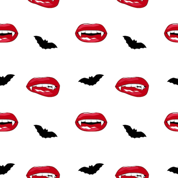 Vector halloween seamless pattern illustration, with bats silhouettes and vampire mouth with fangs teeth sm