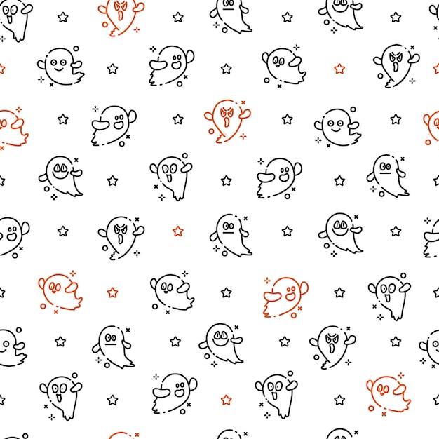 Halloween seamless pattern - line ghost on white background, outline funny ghosts faces