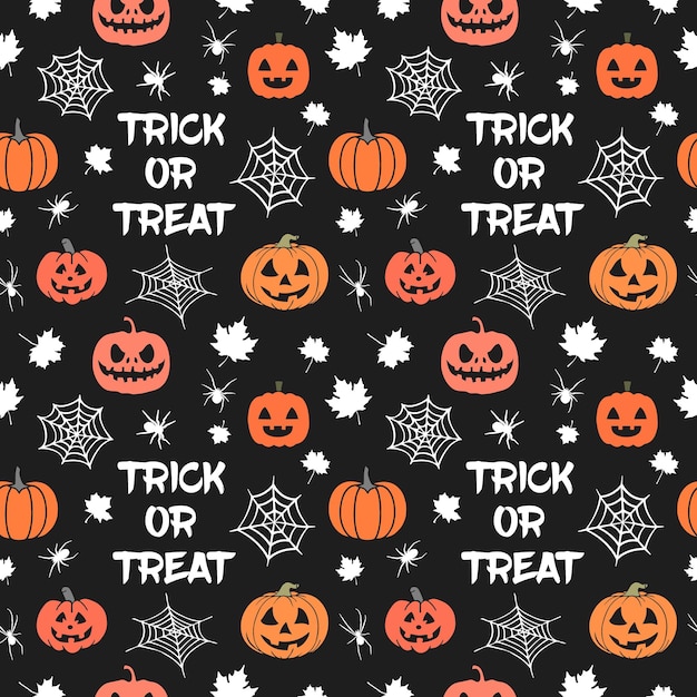 Vector halloween seamless pattern made up of spiders, cobweb, maple leaves, pumpkins, text trick or treat